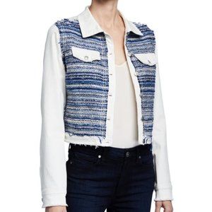 Ramy Brook Barry Button-Front Denim & Tweed Frayed Edge white Jacket Size Medium